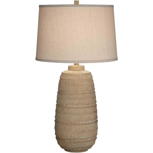 31" Tall Large Farmhouse Rustic Modern End Table Lamp Beige Faux Wood Finish Single Oatmeal Fabric Shade Living Room Bedroom Bedside
